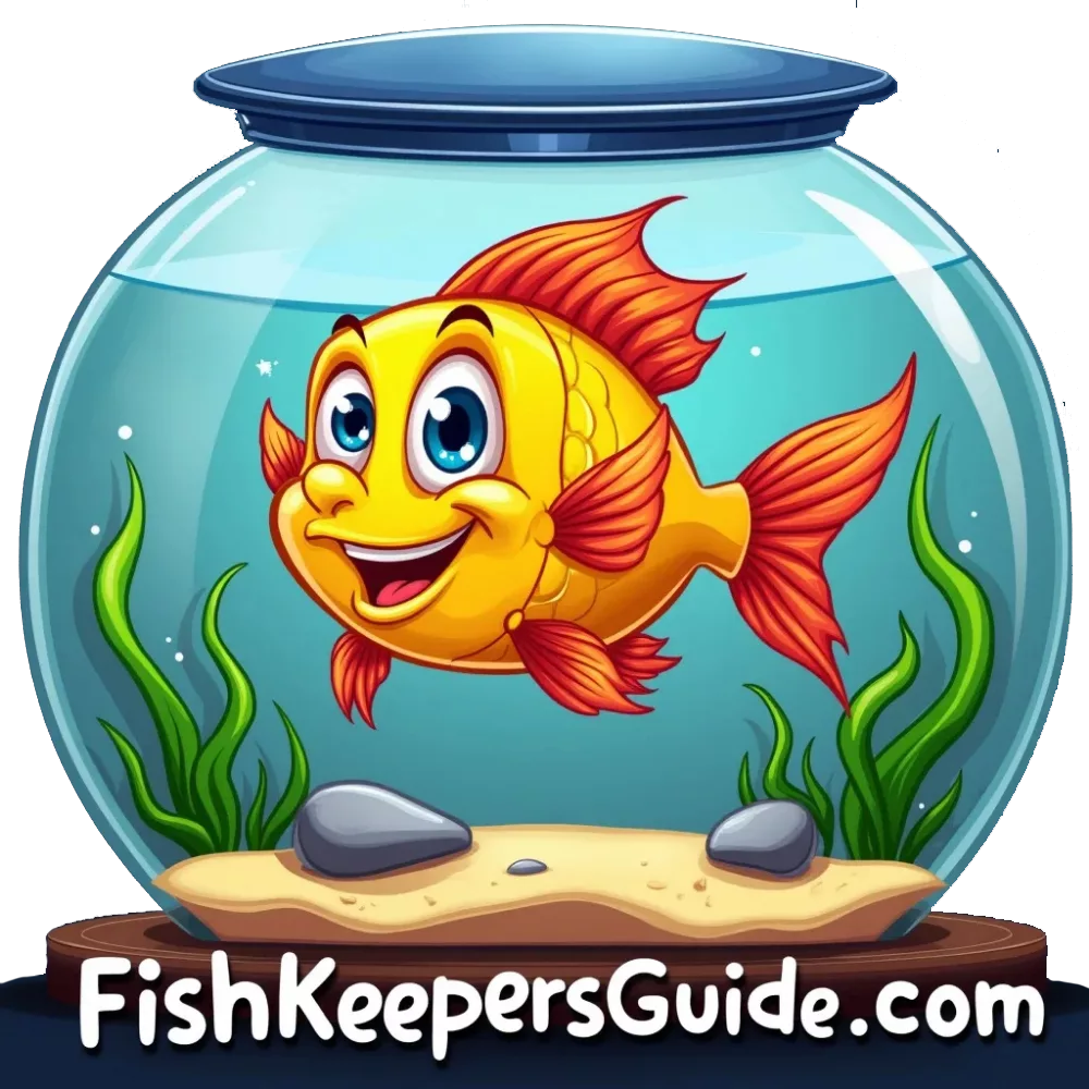 A cartoon-style, smiling goldfish swims in a clear fishbowl with plants and rocks. The text 