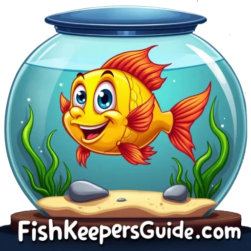 A cartoon-style, smiling goldfish swims in a clear fishbowl with plants and rocks. The text 